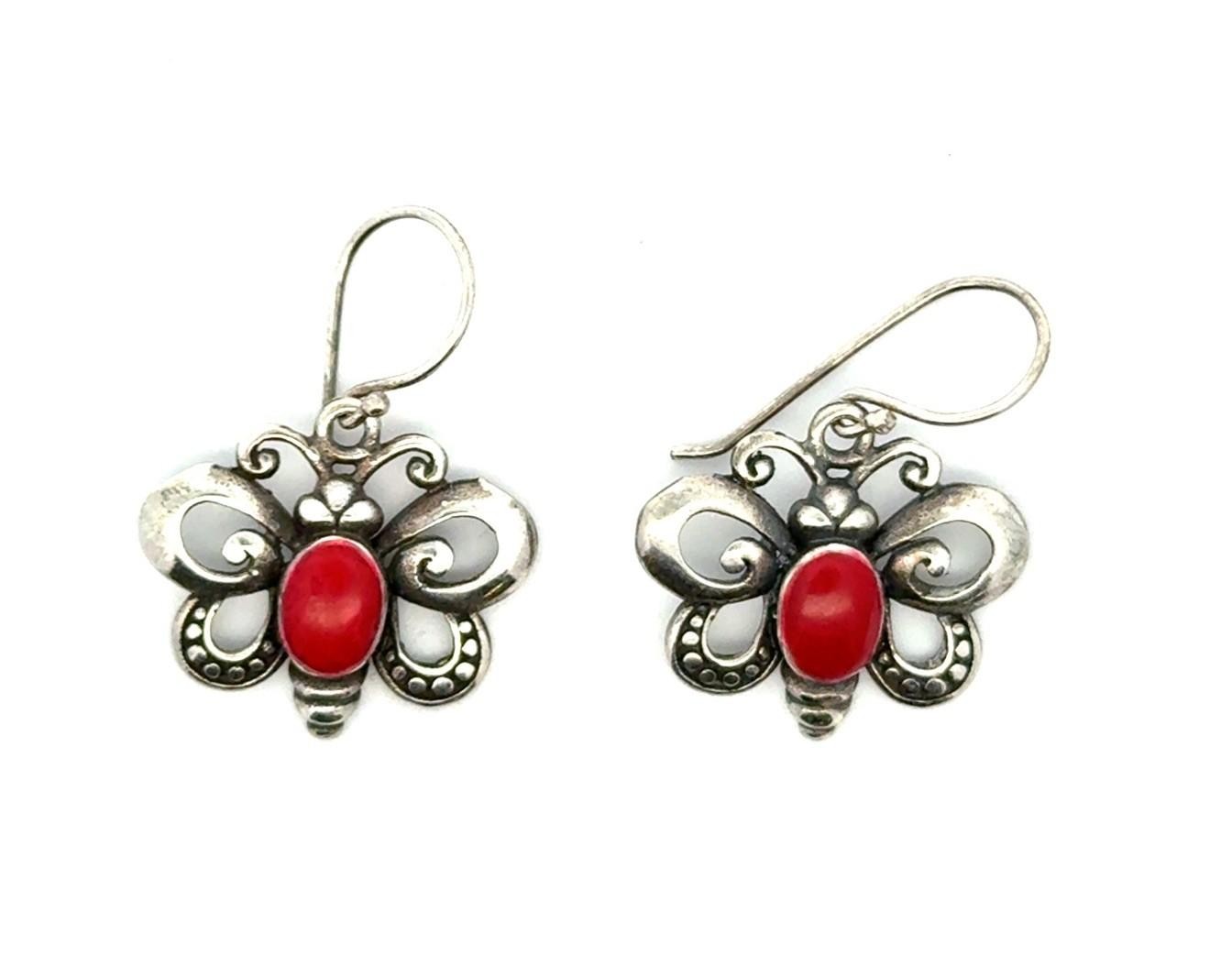 .925 Sterling Silver Red Corral Butterfly Earrings, 3.1g - Image 2