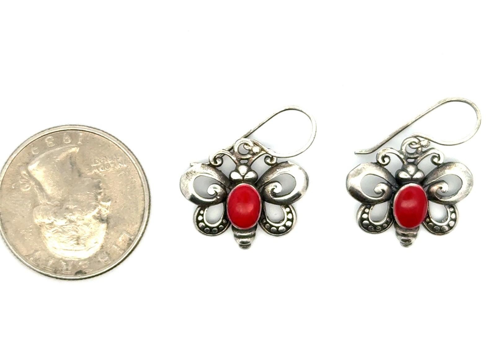 .925 Sterling Silver Red Corral Butterfly Earrings, 3.1g - Image 3