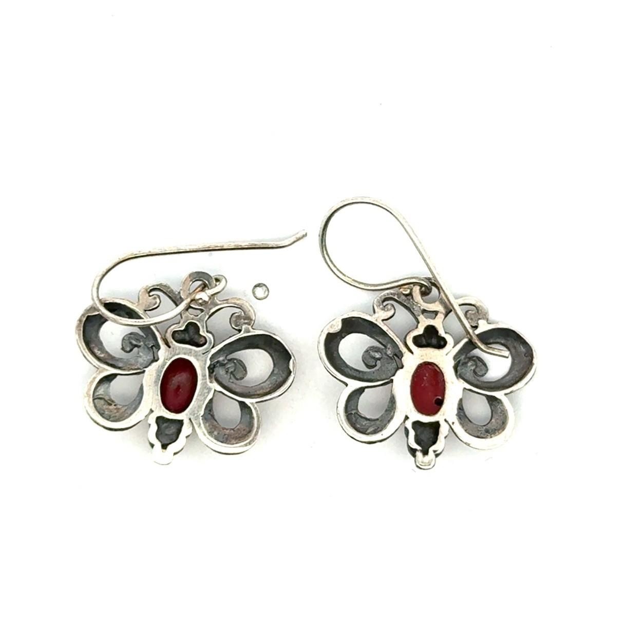 .925 Sterling Silver Red Corral Butterfly Earrings, 3.1g - Image 4