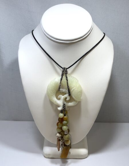 20” Vintage Chinese Nephrite Jade Carved Fish Sterling Silver Corded Necklace