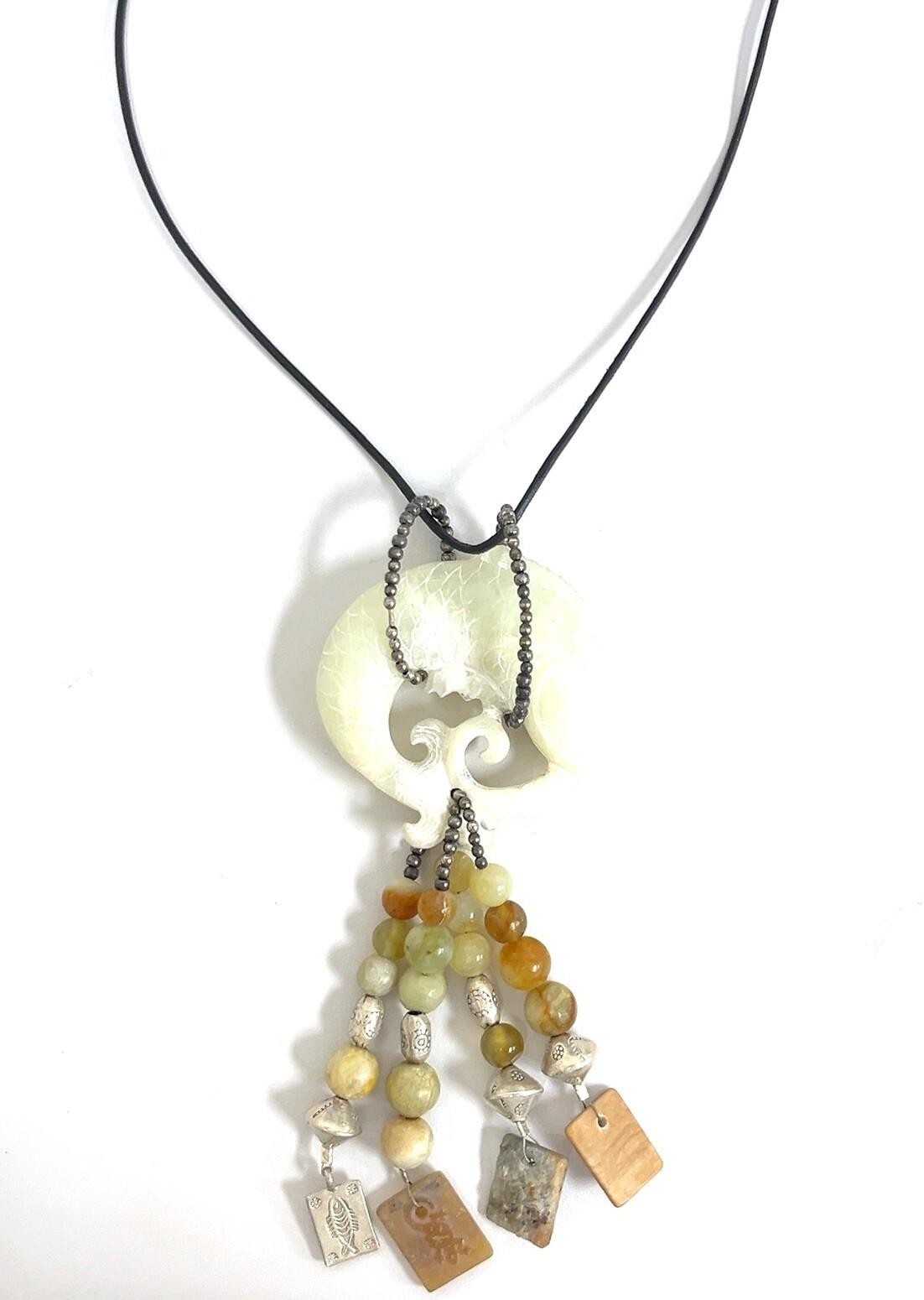 20” Vintage Chinese Nephrite Jade Carved Fish Sterling Silver Corded Necklace - Image 2