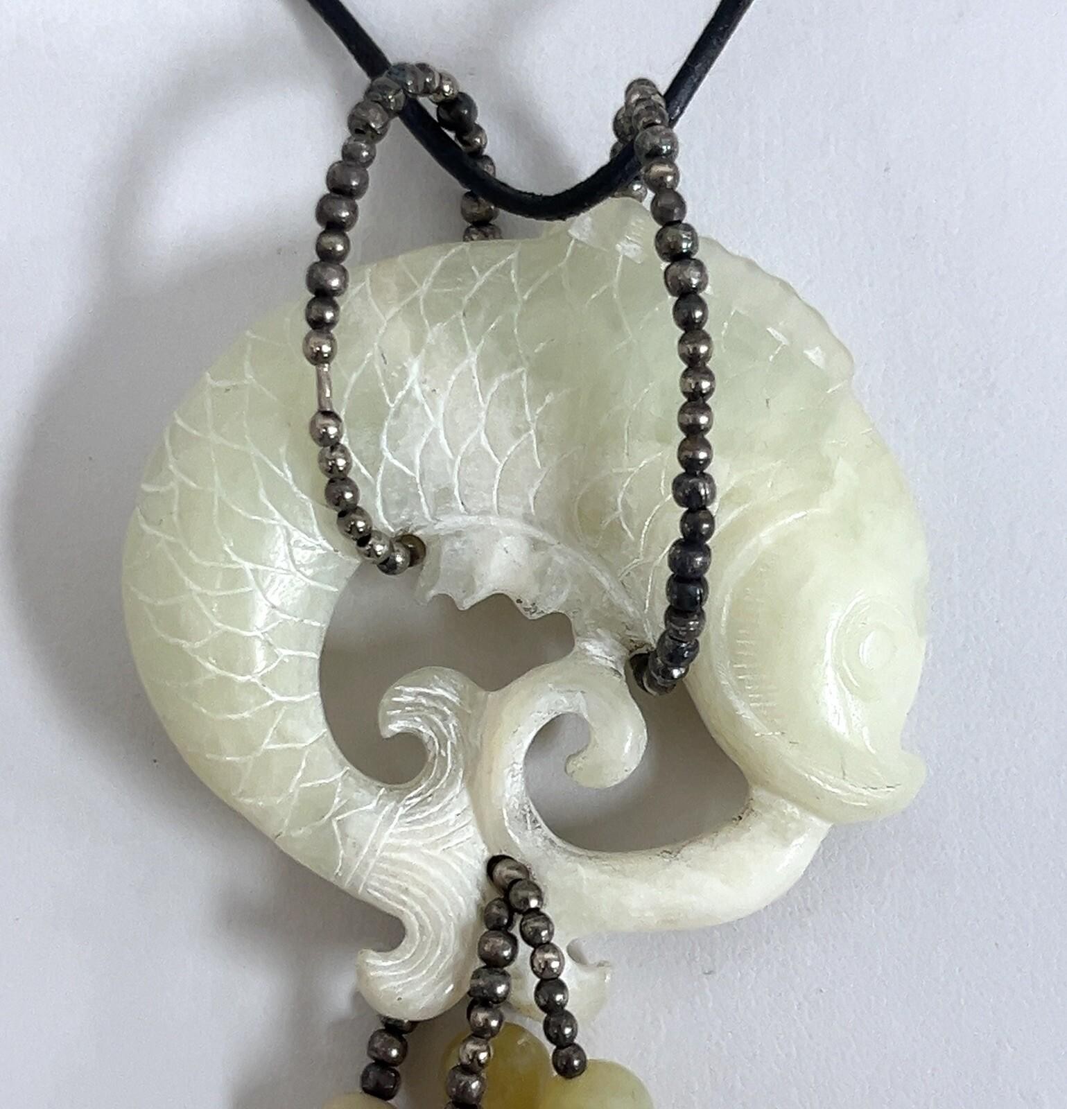 20” Vintage Chinese Nephrite Jade Carved Fish Sterling Silver Corded Necklace - Image 3