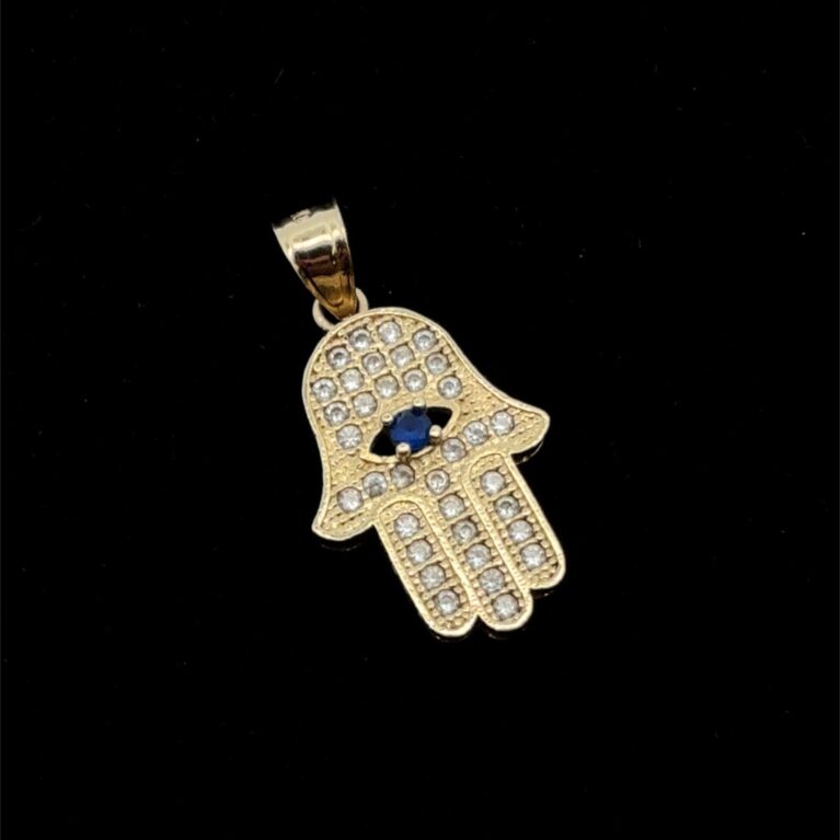 14k Yellow Gold Hamsa Fatima Hand Pendant, 2.4g